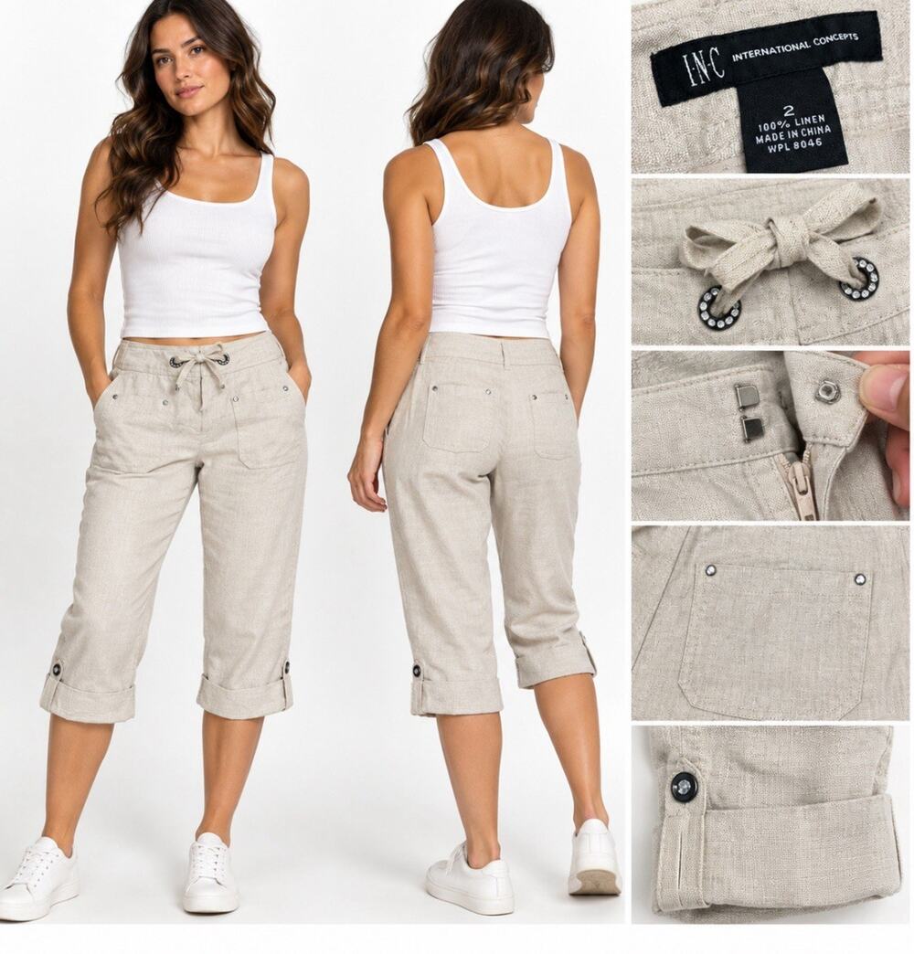 Y2K INC International Concepts Women's Linen Capri Pants Size 2 Beige Rhinestone